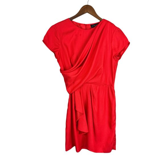 Julie Dillon Red Orange Textured Satin Crossover Sash Short Sleeve Sheath Dress - Picture 8 of 11